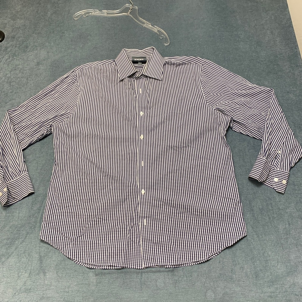 Bonobos Shirt Mens 17-34 Navy White Gingham Check Classic Button Up Standard Fit